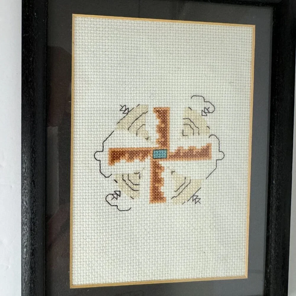 Vintage Hand Cross Stitch Native American Symbols Framed Set of 4